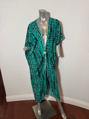 Teal Abstract Print Open Front Kimono Duster Jacket Beach Cover Summer Housecoat